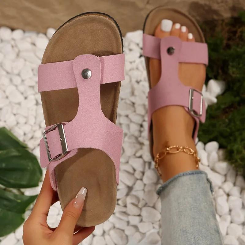 2024 New Fashion Versatile Solid Color Buckle Women's Slippers Open Toe Beach Comfortable Flat Heel Shallow Mouth Women's Shoes
