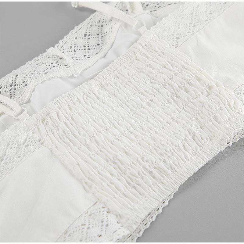 Summer Lace White Cotton and Linen Women's Suit Holiday Beach Suspender Square Neck Short Top + Mid Skirt Two-piece Set