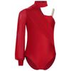 Girls Dance Leotard One Shoulder Design Mock Neck Long Sleeve Ruched Mesh Overlay Performance Bodysuit