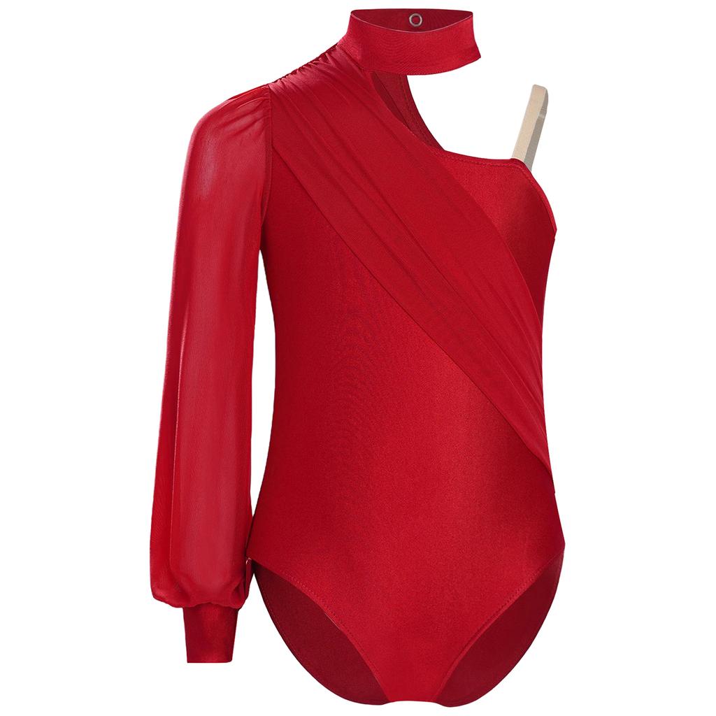 Girls Dance Leotard One Shoulder Design Mock Neck Long Sleeve Ruched Mesh Overlay Performance Bodysuit