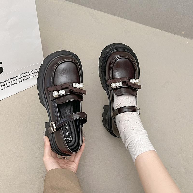 Platform British Style Small Leather Shoes Women's Versatile Single Shoes Bow One-word Buckle Japanese Jk Shoes Heightening Thick Heel Loafers