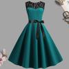 Lady Petticoats Plus Size O-Neck Sleeveless See-through Lace Stitching Ribbon Bowknot Gown Dress A-Line Skater Large Hem Midi Princess Dress