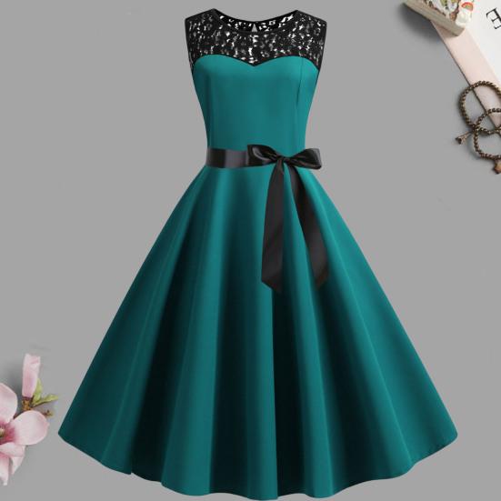 Lady Petticoats Plus Size O-Neck Sleeveless See-through Lace Stitching Ribbon Bowknot Gown Dress A-Line Skater Large Hem Midi Princess Dress