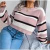 Women Autumn Winter O Neck Long Sleeve Striped Crop Loose Knit Pullover