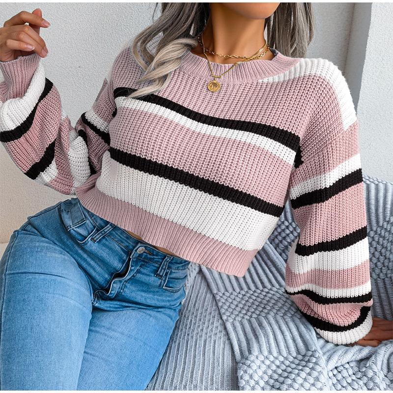 Women Autumn Winter O Neck Long Sleeve Striped Crop Loose Knit Pullover