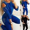 Women 2pcs Tracksuit Sports Suit Off-the-shoulder Beaded Solid Color Round Neck Top Pants Suits