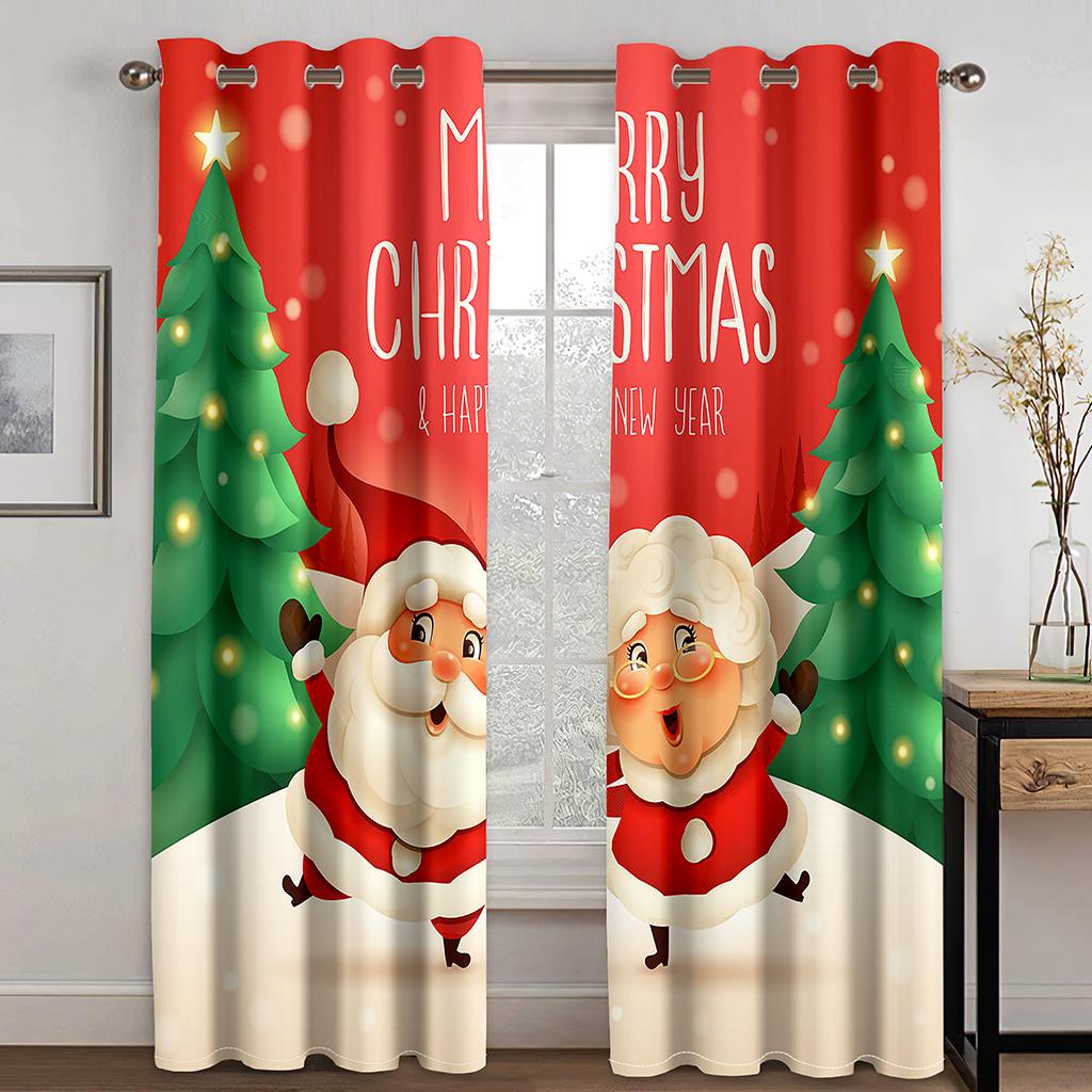3D Christmas Curtains Christmas Christmas Tree Snowman Red Curtains Balcony Living Room Window Decorative Curtains 2 Panels