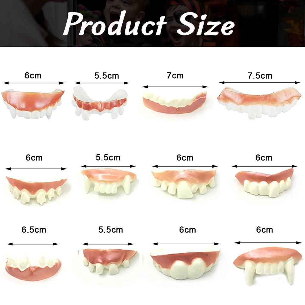 12 Types of Dentures for Halloween Cosplay Makeup Party Prank Funny Ghost Festival Crooked Teeth Soft Rubber Teeth Prank Prop