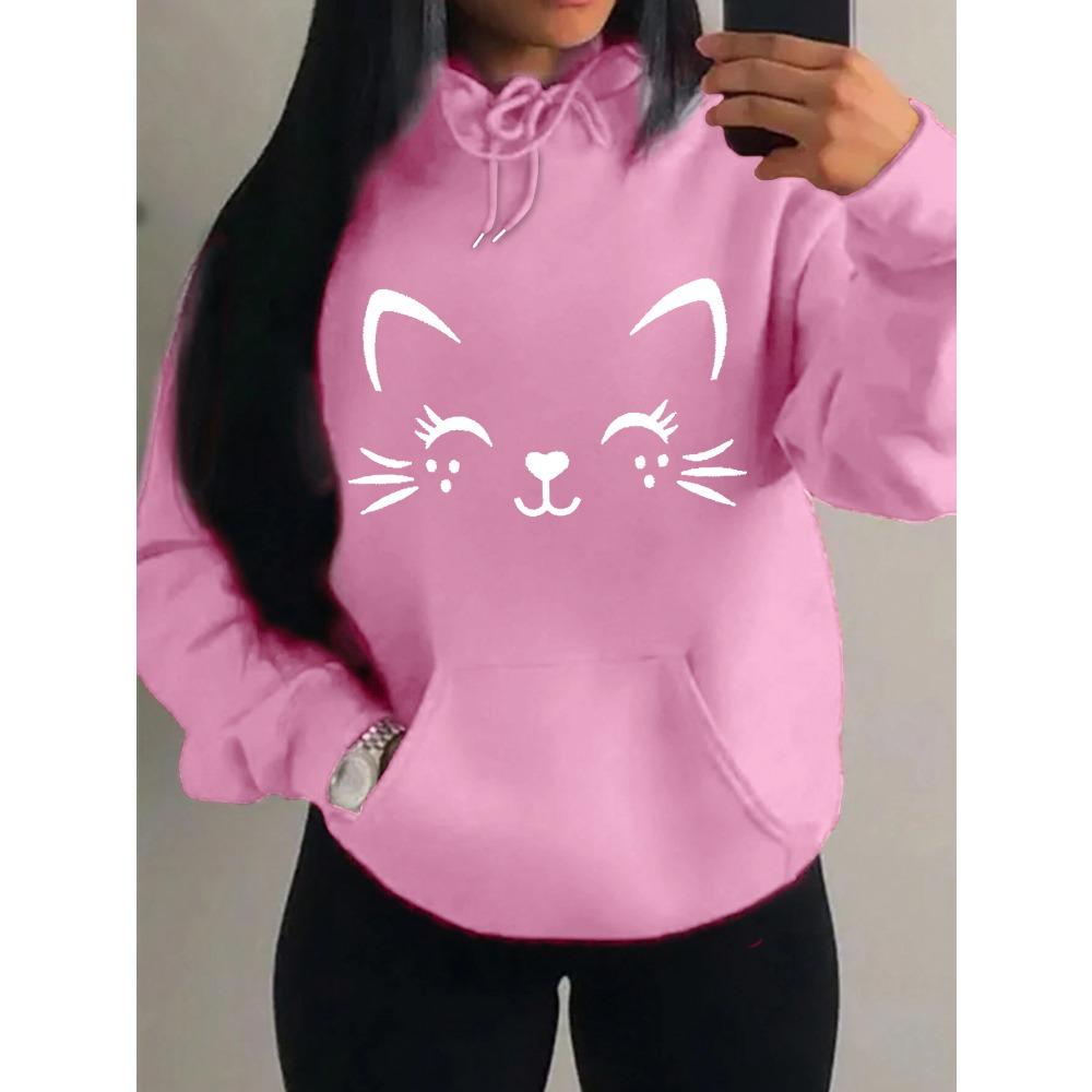 Simple Word Cat Smile Pattern Women Hoodies Fashion Casual Streetwear Personality Hoodie Trendy Fleece Pulloverar