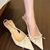 Fashion New Stylefamous Brand Plus Size Bow Pointed Bag Solid Color Vacant One-Row Thin High Heels Sandals