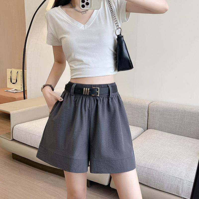 Women Summer Solid Color High-Waisted Wide-Leg Casual Shorts Pants