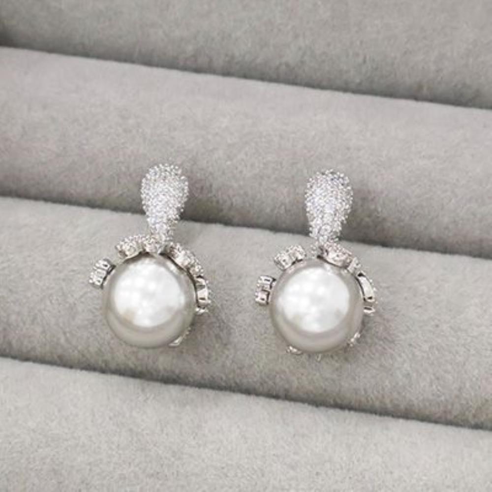 Women's Wedding Bridal Freshwater Silver Pearl Noble Earrings