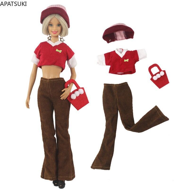 Red Fashion Clothes Set For Barbie Doll Outfits Crop Top Shirt Pants Hat Purse Bag 1/6 Dollhouse Accessories Kids Toys Gift