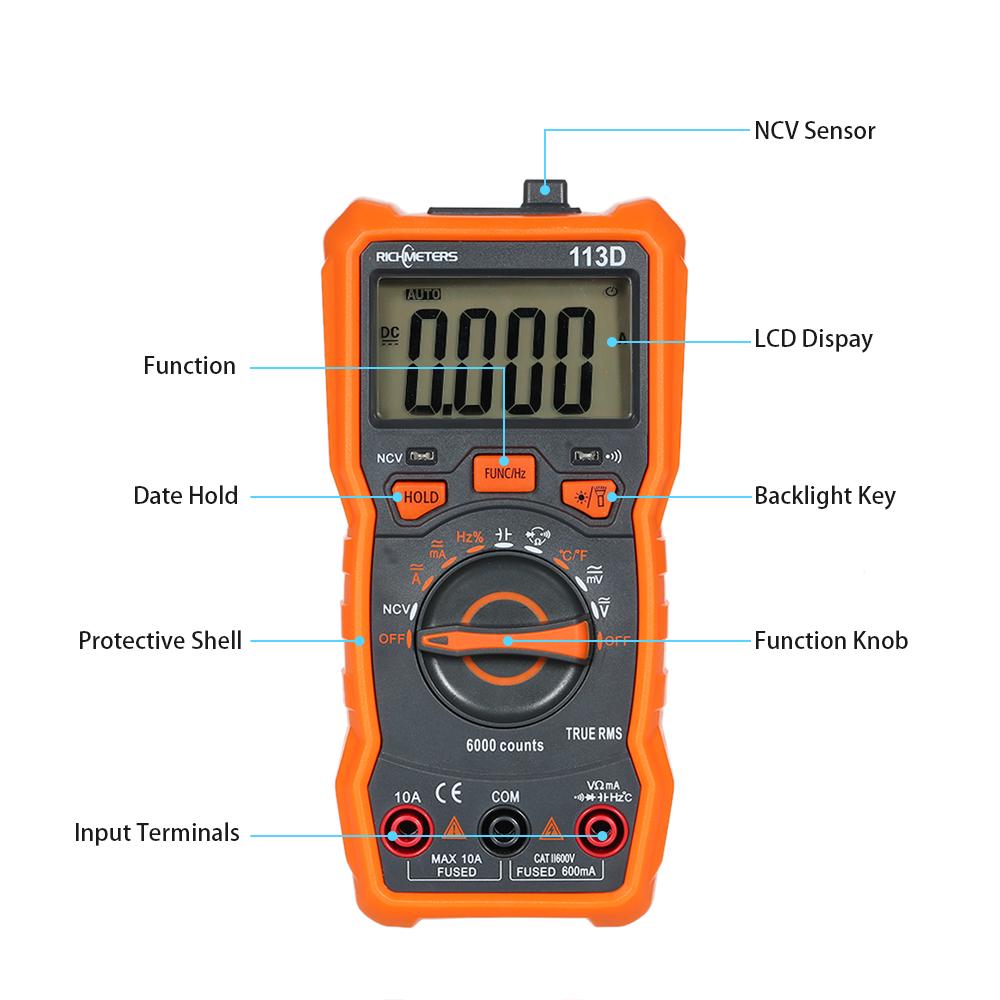 RICHMETERS RM113D NCV Digital Multimeter 6000 Counts Auto Ranging AC DC Voltage Temperature Measuring Meter Flash Light