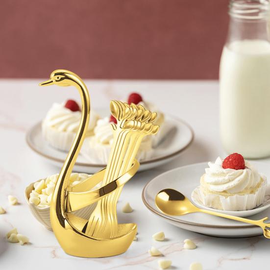 Stainless Steel Mini Fruit Forks Spoons with Non-Slip Handle Food-Grade Swan Storage Rack for Kids Desserts Snacks Parties Weddings