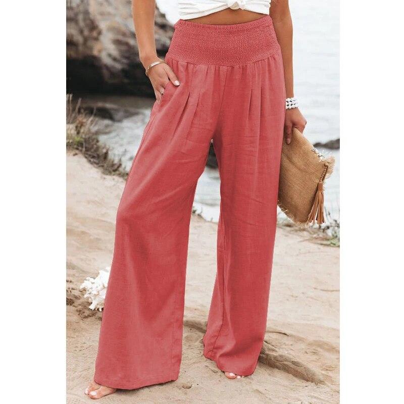 Spring Autumn Women Elastic Wide Leg Pants Fashion Casual Green Cotton Linen Long Pants Pleated Loose OL Style Trousers 30766