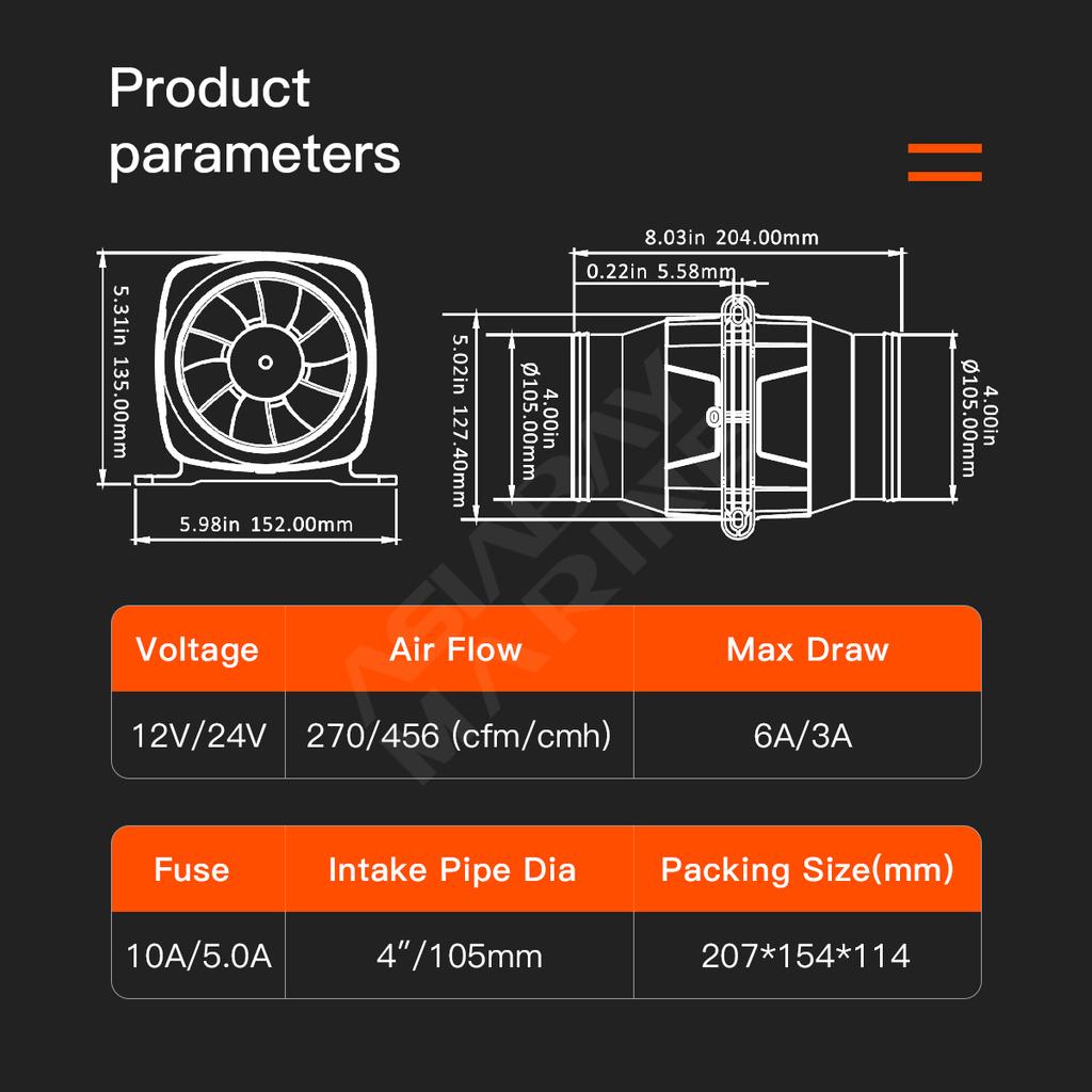 SEAFLO-In-Line Bilge Blower Fan, Marine Boat, RV Air Exhaust, White, SFIB1-270-01, 4 In, 100mm, 2700CFM, DC 12V
