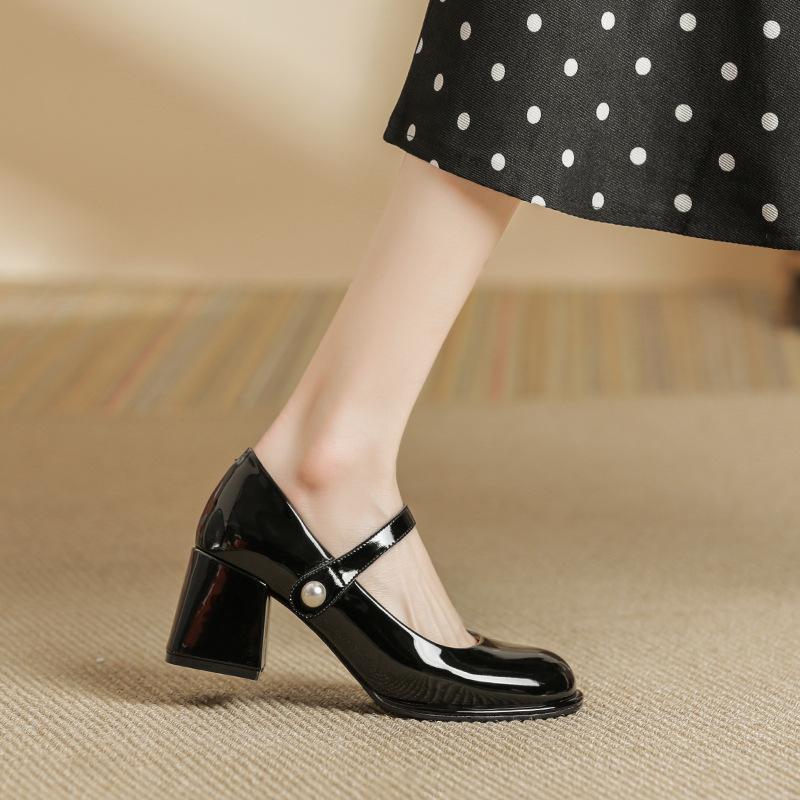 Mary Jane Thick Heel Single Shoes Round Head Light Mouth Velcro Medium Heel High Heels Casual Women's Shoes