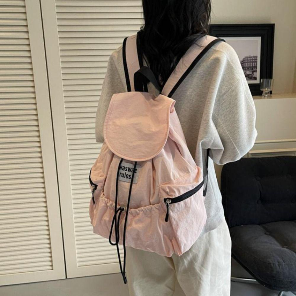 Solid Color Ruched Shoulder Bags Nylon Student Schoolbag Simple Drawsting Backpacks Outdoor