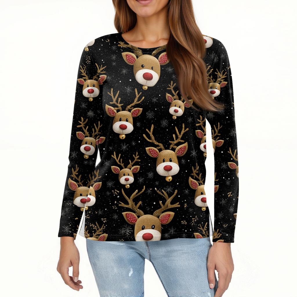 Women's Fashion Hem Slit Casual Christmas Printed Round Neck Long Sleeve Top