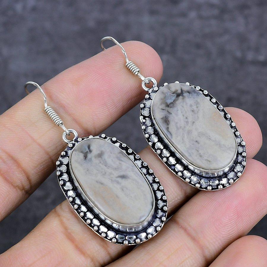 Natural Tube Agate Gemstone 925 Sterling Silver Jewelry Earring 2.17" M7S14