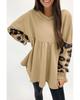 Khaki Leopard Splicing Sleeve Ruffle Loose Sweatshirt