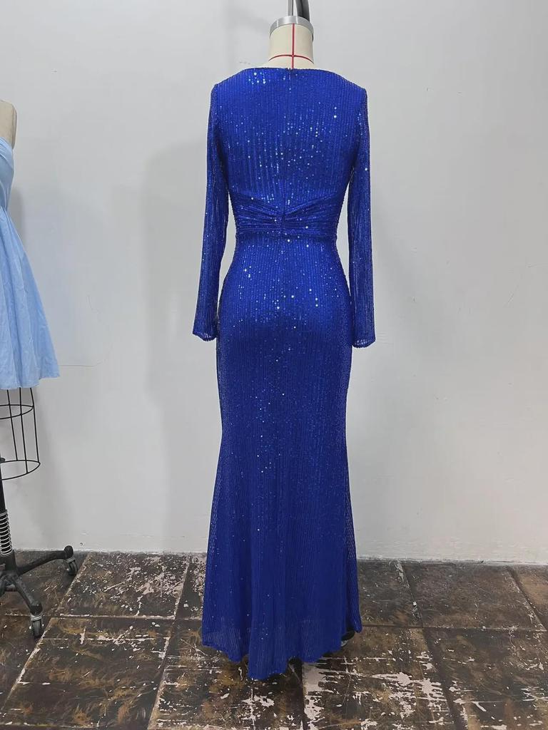 Spring Solid Color Sequin Long-Sleeve Evening Dress - 5 Colors
