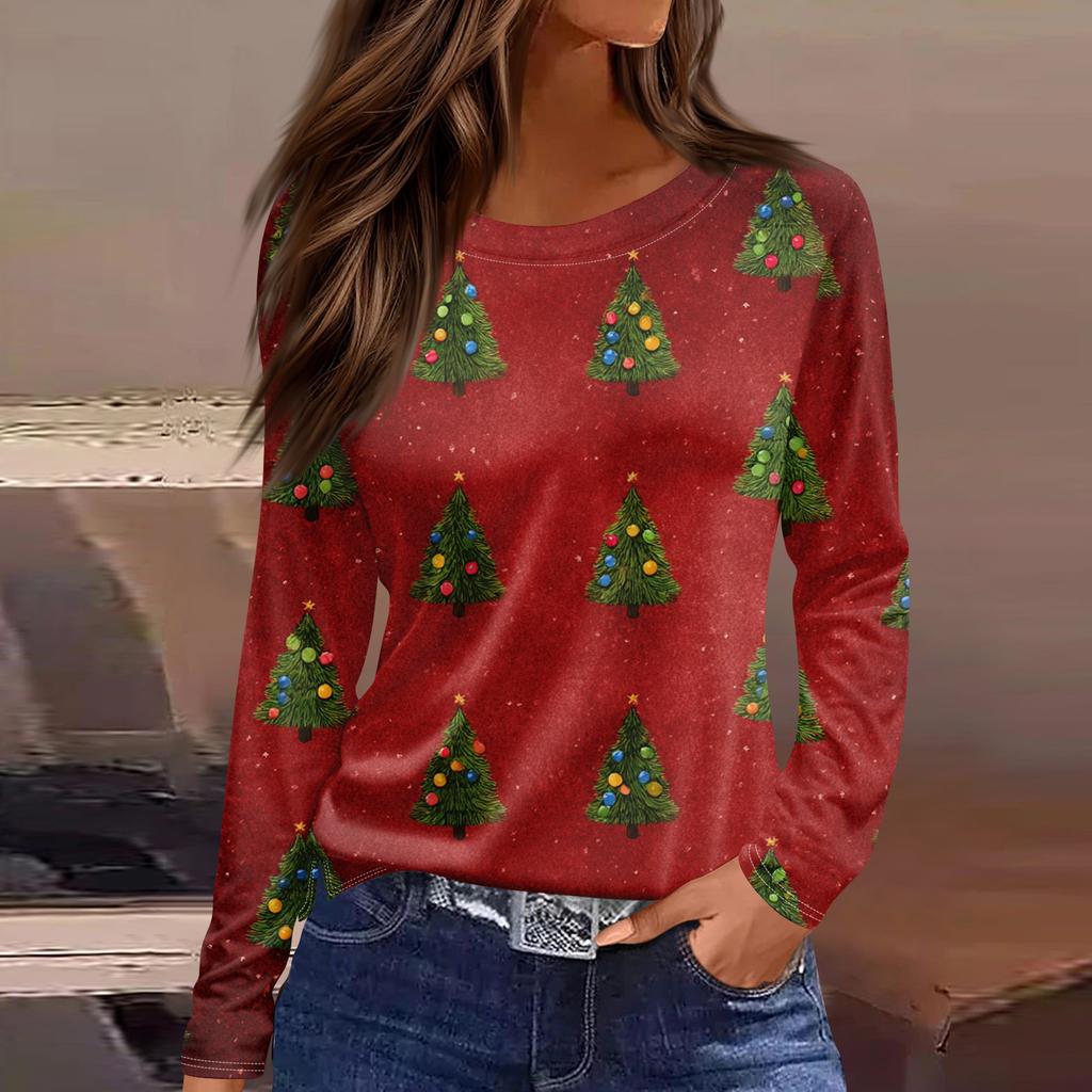 Women's Fashion Hem Slit Casual Christmas Printed Round Neck Long Sleeve Top
