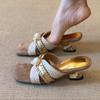 Fashion Retro Square Toe Sandals Women Summer Outside Wear Wedge Sandals Temperament French Heels
