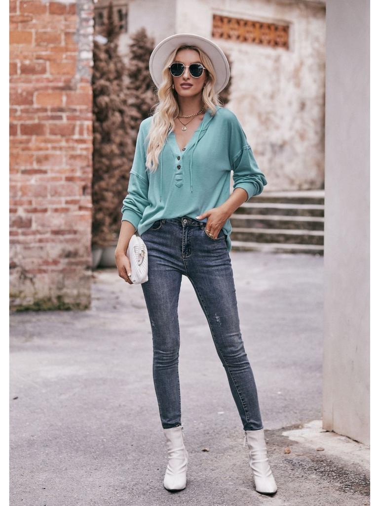 2024 New Autumn Winter Hooded Sweatshirts Women Fashion Buttons V-neck Long Sleeve Pullovers Ladies Casual Loose Hoodies