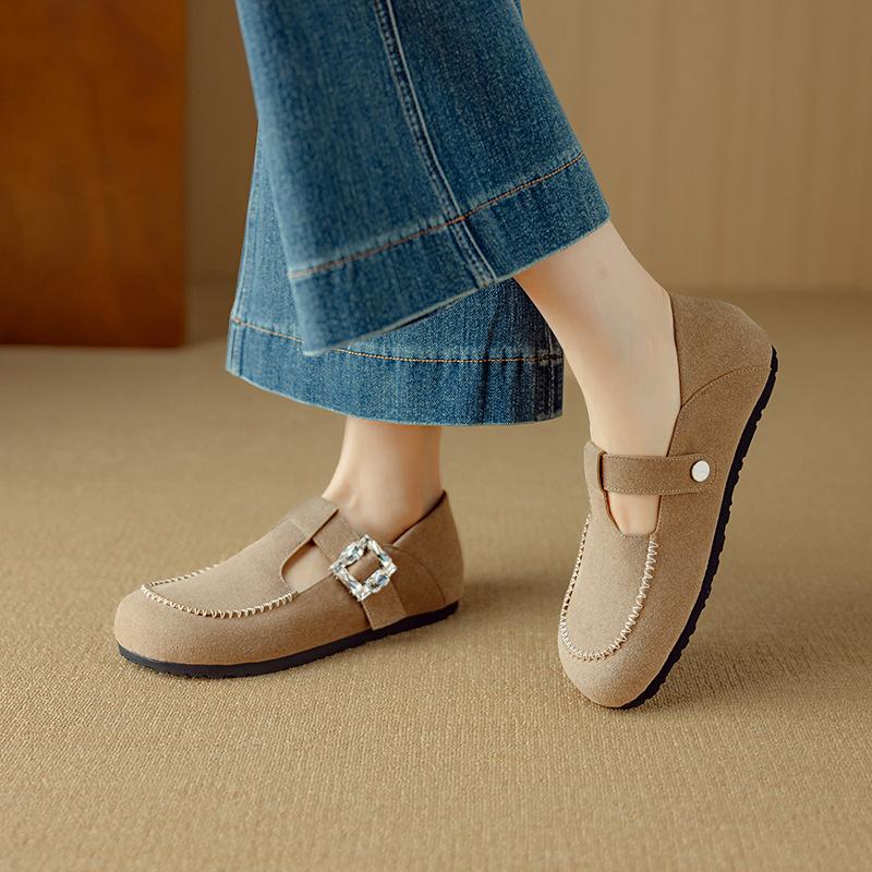 Fashion 2025 New Spring Cow Suede Leather Woman Shoes Round Toe Women Flats Shoes for Women Flat Heel Loafers Sheepskin Leather Shoes