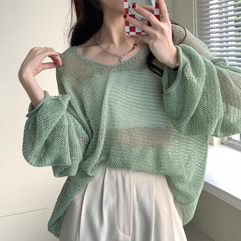 Long Sleeves Hollow Out Sweater Irregular Thin Design Women's Sun Protection Knitted Top V Neck Long Sleeves Loose and Lazy