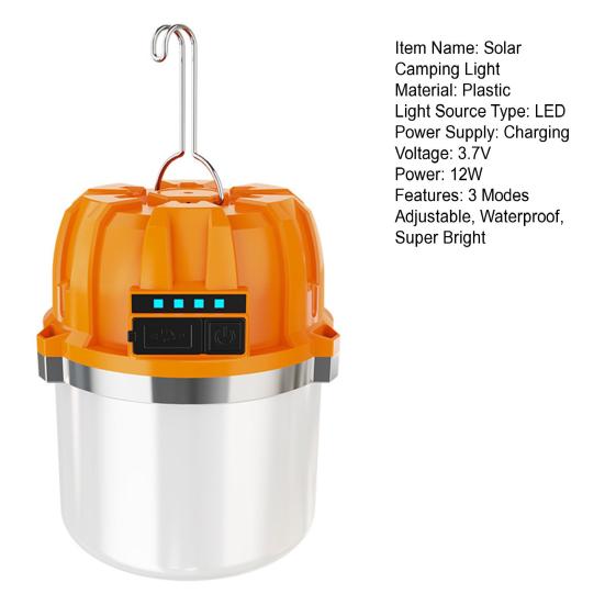 Solar Camping Light 3 Modes Adjustable Waterproof USB Rechargeable Super Bright Outdoor Hiking Tent