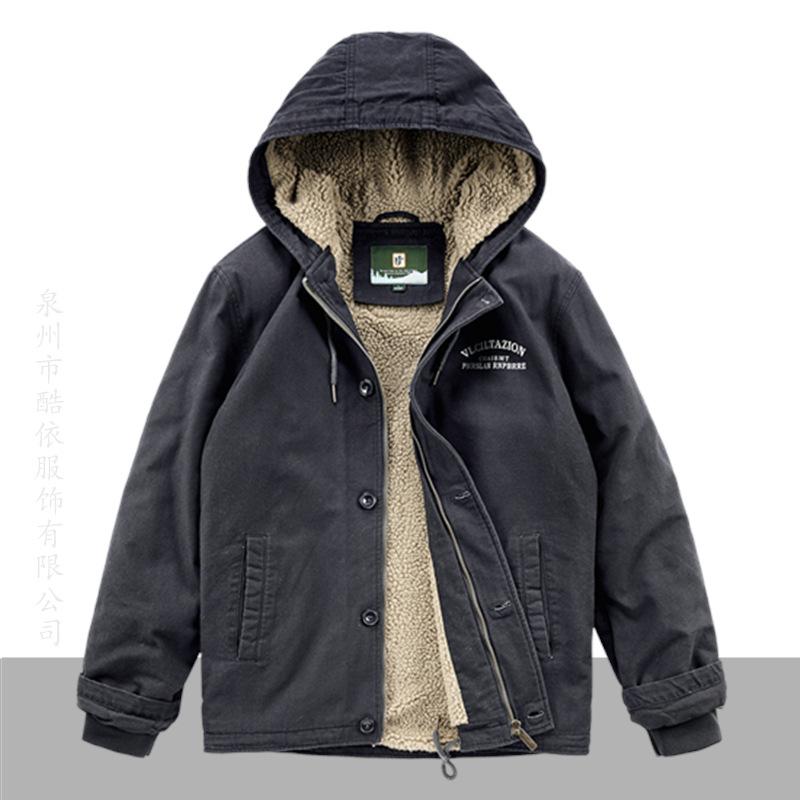 Winter Padded Jacket Men's Plus Velvet Padded Padded Jacket Hooded Lamb Fleece Jacket