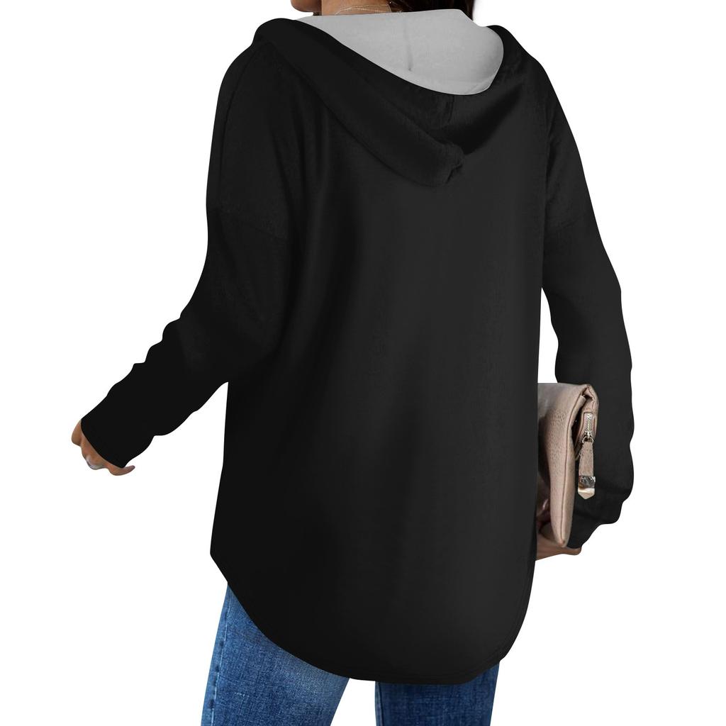 Women's Fashion Hoodies V Neck Long Sleeve Solid Drawstring Casual Loose Pullover Tops
