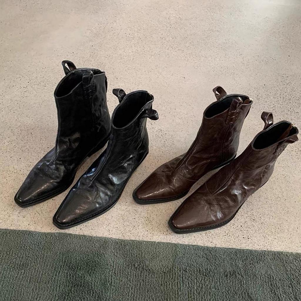 Кожаные винтажные ботильоны с острым носком, женские французские ботильоны на толстом каблуке, облегающие ботильоны на молнии сзади, ковбойские ботильоны 2025, ботинки Мартина.