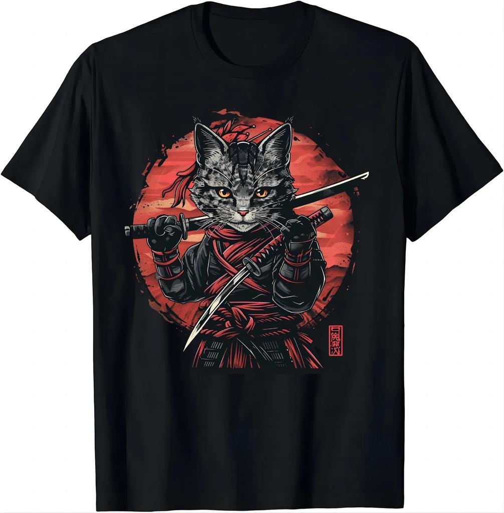 Japanese Samurai Cat Tattoo Kawaii Ninja Cat T-shirt Street Cool Casual Wear Women's Clothing Top Camisetas