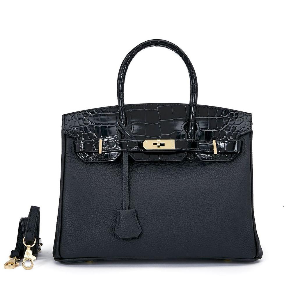 Color Blocked Top Layer Cowhide Platinum Bag Large Capacity Lychee Pattern Women's Handbag Fashionable And Versatile Genuine Leather Women's Bag