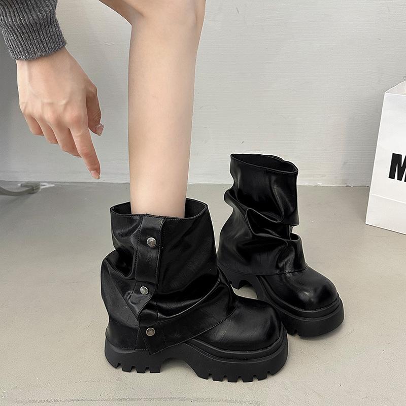 Sense of Design British Leather Boots Rivet Stacking Boots Women's Autumn and Winter Fashion Thick-soled Thin Thick-heeled High-heeled Martin Boots