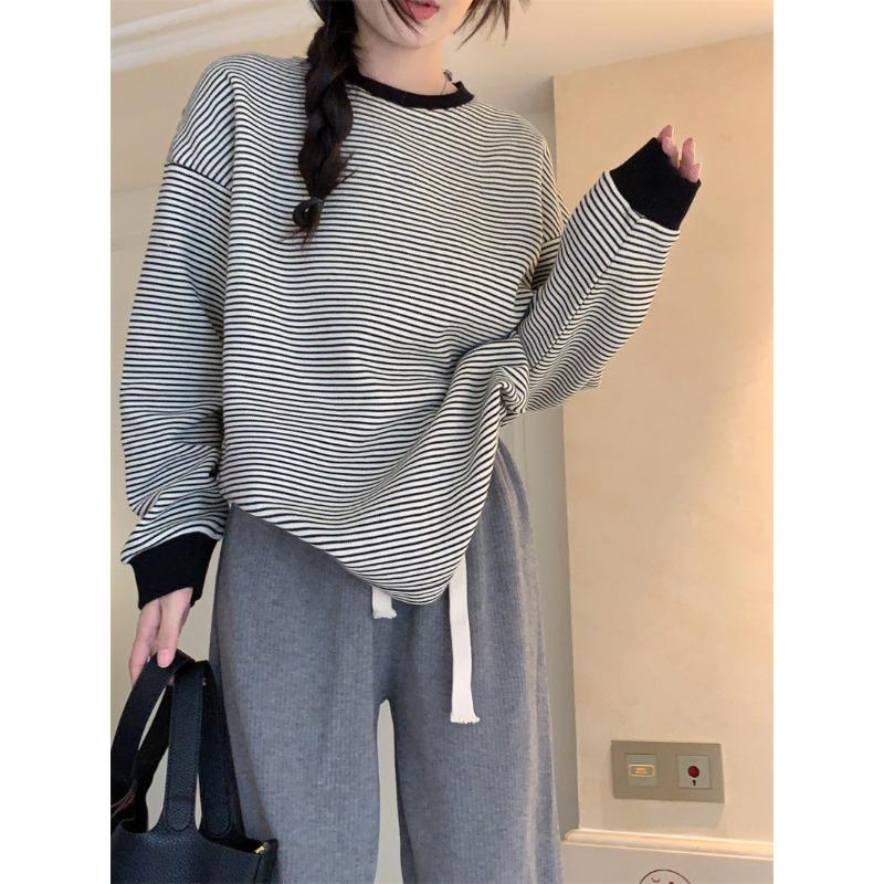 Hooded Striped Long Sleeved T-shirt Women's Hoodie Top