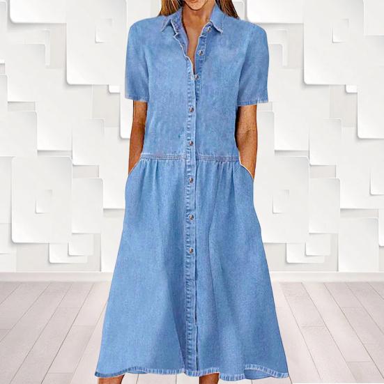Women Dress Elegent Beauty Lady Dress Collar Splicing Summer Midi Long Lady Pocket Button Denim Loose Lapel Dress