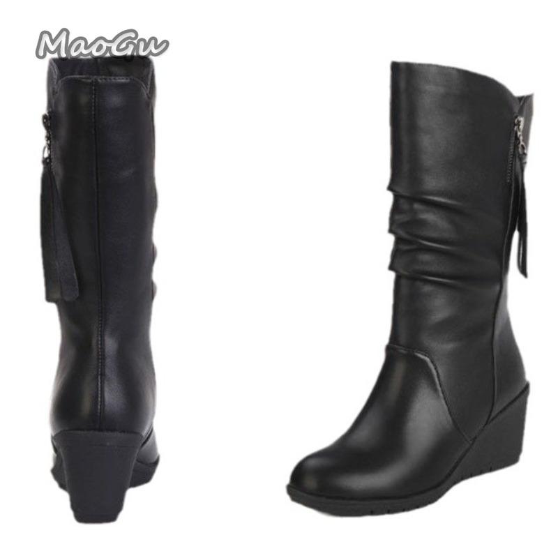 Fashion Autumn Winter Women's Mid-Calf Boots Fashion PU Black Wedge Botas Mujer Round Toe Side Zip Warm Plush Snow Boot Botas Para Mujer
