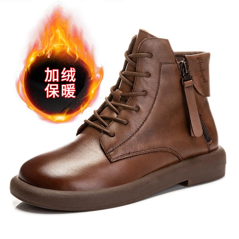 Fleece Leather Martin Boots for Women 2025 Winter New Thick-soled Versatile Short Boots for Women Casual Low-heeled Retro Boots for Women