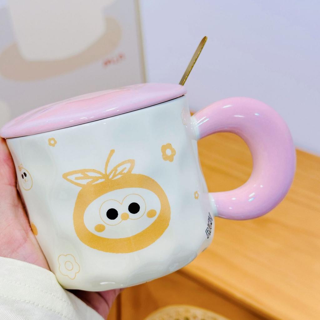 Small Gift Mug Ceramic Small Gift Box Cup Household Water Cup Ceramic Cup Small Orange with Lid Spoon