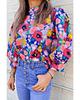 Azura Exchange Blue Mock Neck Bubble Sleeve Floral Print Blouse