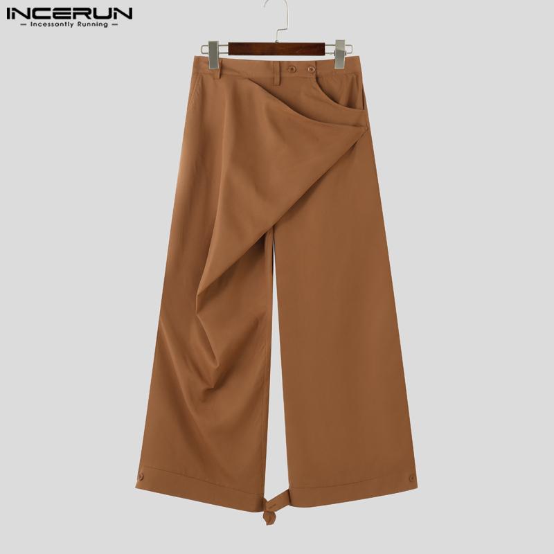 INCERUN Men Autumn Spring Solid Color Zipper Waist Trousers Casual Irregular Wide Leg Pants