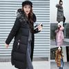 Winter Women Cotton Jacket with Furry Hood Long Sleeves Pockets Heat Retention Knee Length Zip-up Padded Coat Solid Color Windproof Outwear Parka