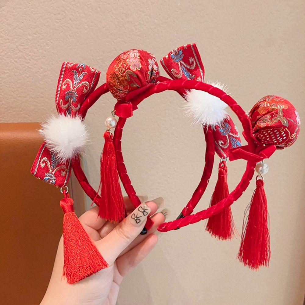 Tassel Hanfu Hair Bun Hair Hoop Plush Ball Red Hairband Simple Chinese New Year Headwear Children