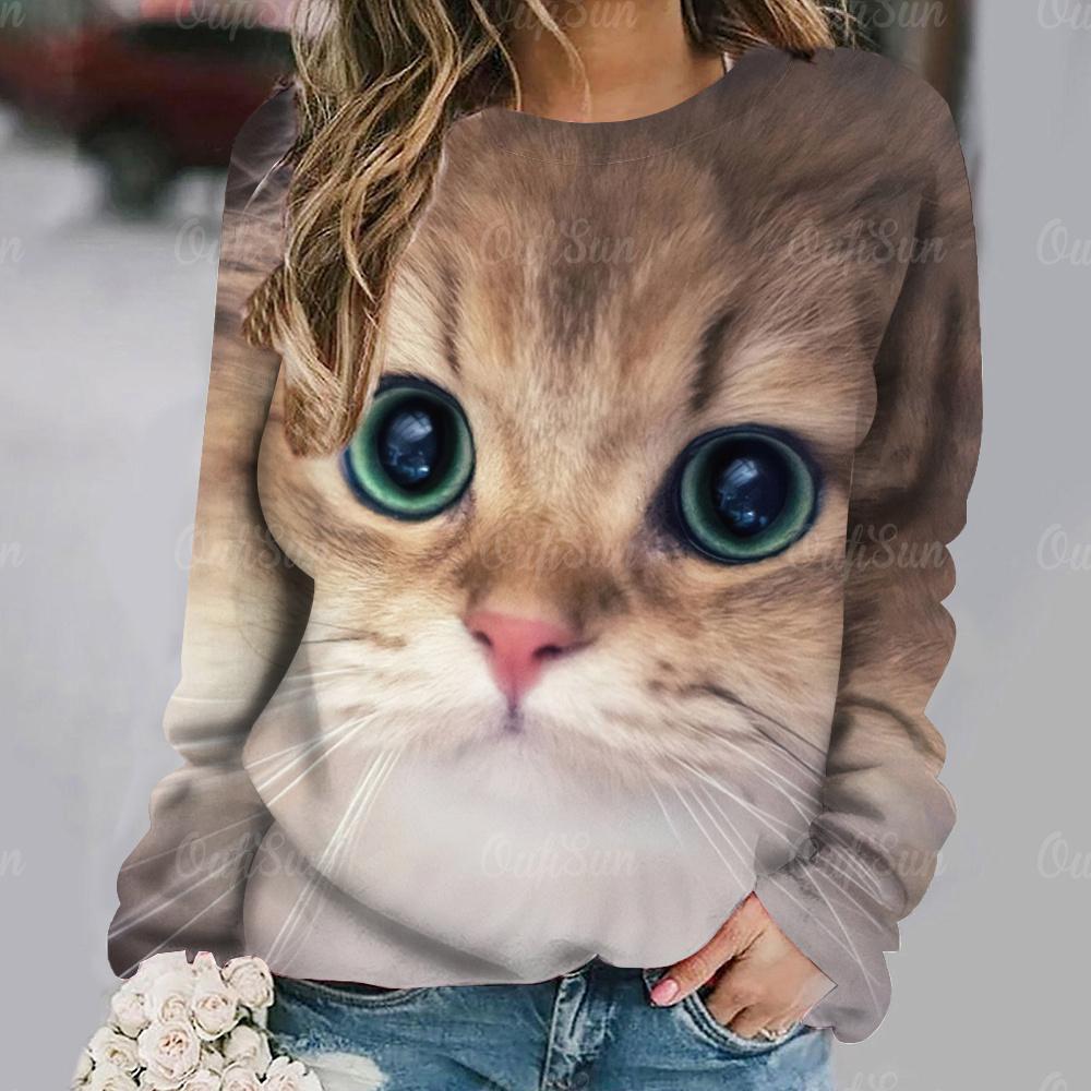 Women's Cat Big Head Cute Print Long Sleeve T-shirt Casual Loose Pullover Female Streetwear Cute Tops Fashion Trend