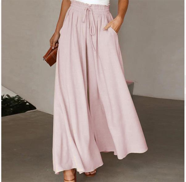 Women's Solid Color Trousers Elastic Belt Wide Leg High Waist Long Culottes